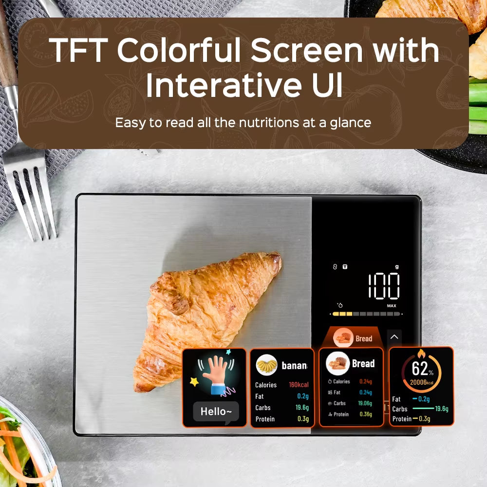 Smart Kitchen Scale Stainless Steel Food Calorie Protein Fat Carbs Nutritional Calculator 11Lb/5Kg Weight for Healthy Cooking